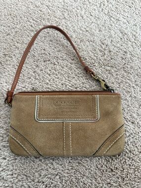 COACH Suede Wristlet in Tan and Brown